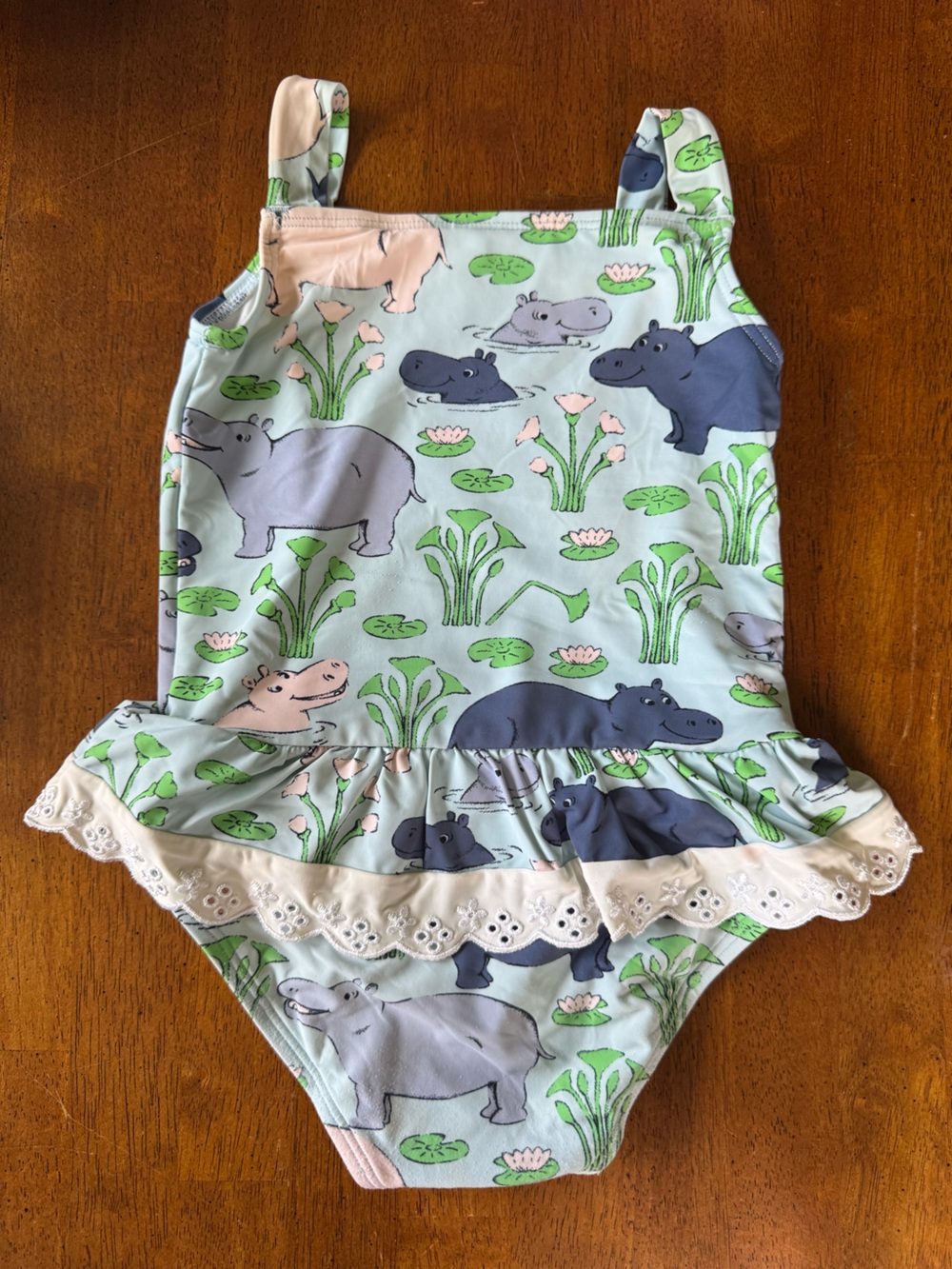 Hippo Print Light Blue Girls' Swimsuit with Eyelet Trim